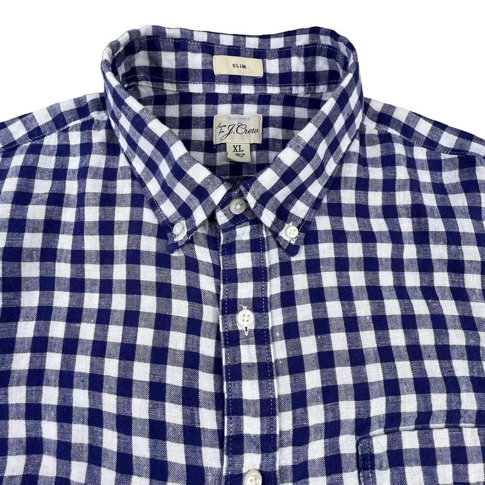 J.Crew Baird McNutt Irish Linen Shirt Men XL Blue White Plaid Button Long Sleeve
